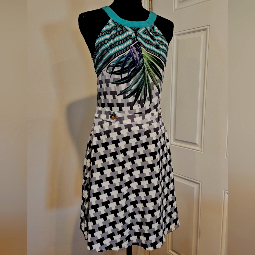 Green tropical print Dress -M